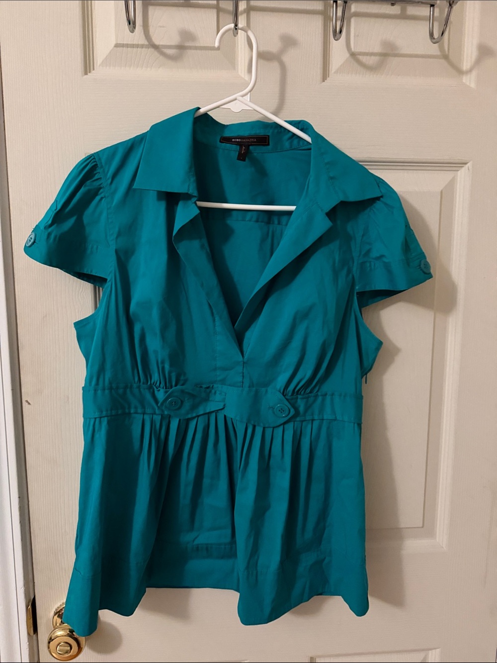 BCBGMaxAzria Teal Short-Sleeve V-Neck Peplum Top
